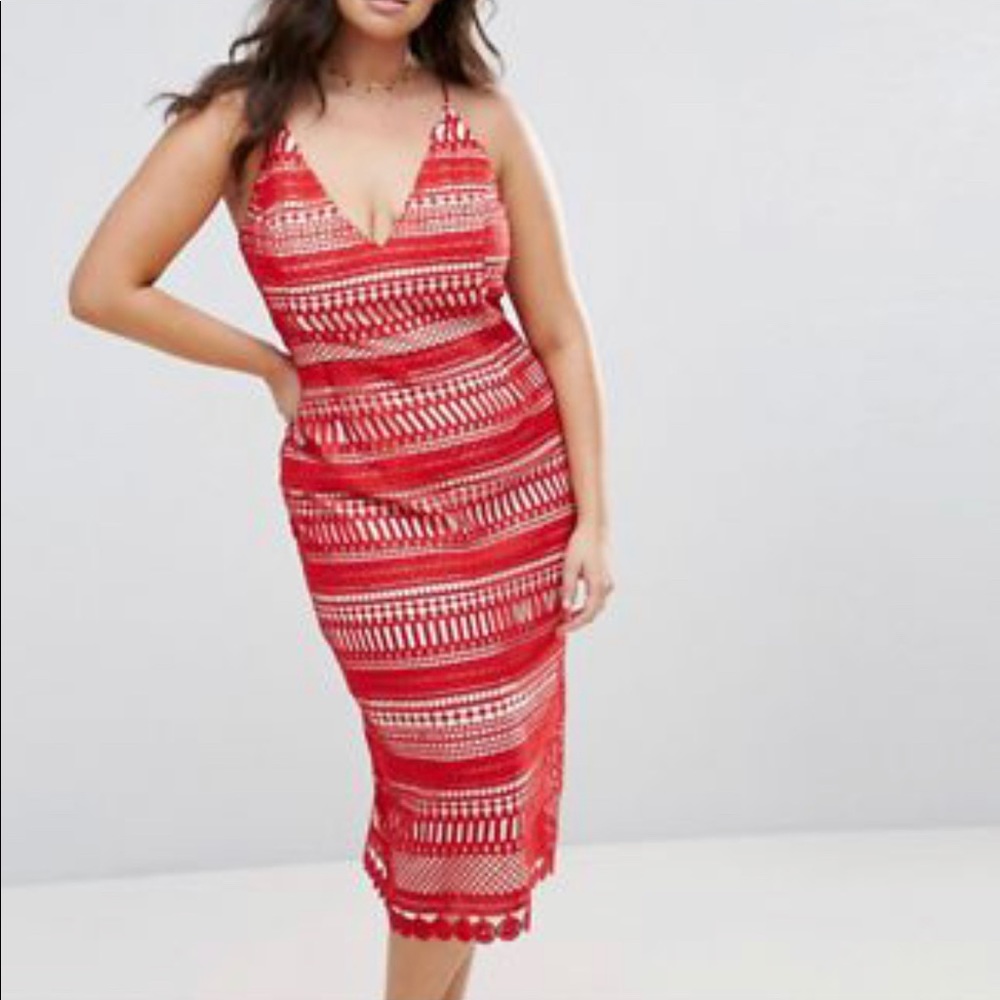 Midi Red Crochet Spaghetti Strap Dress